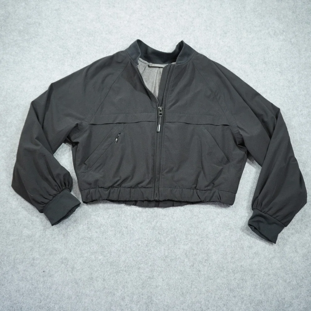 Athleta Girl Size Med Black Full Zip Cropped Bomber Jacket Pleated Back Active
